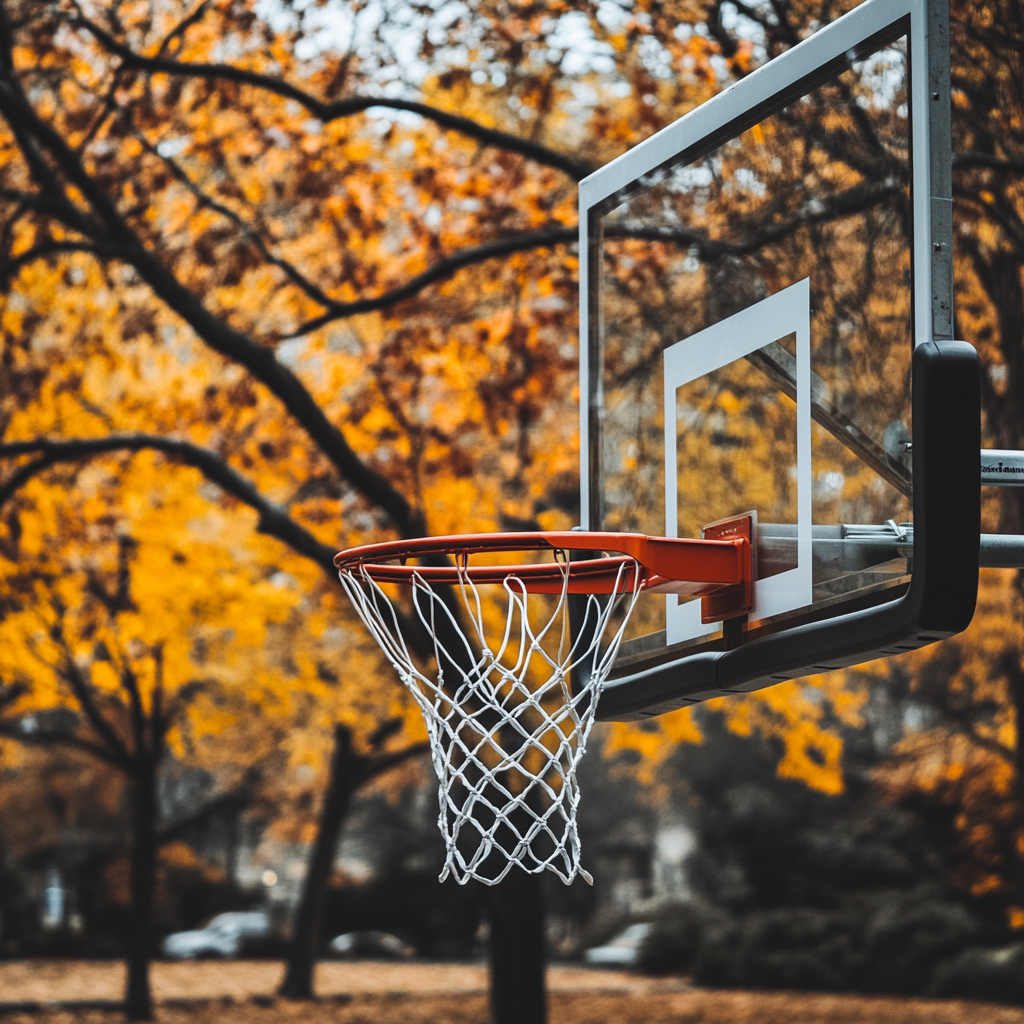 a basketball hoop with trees in the background